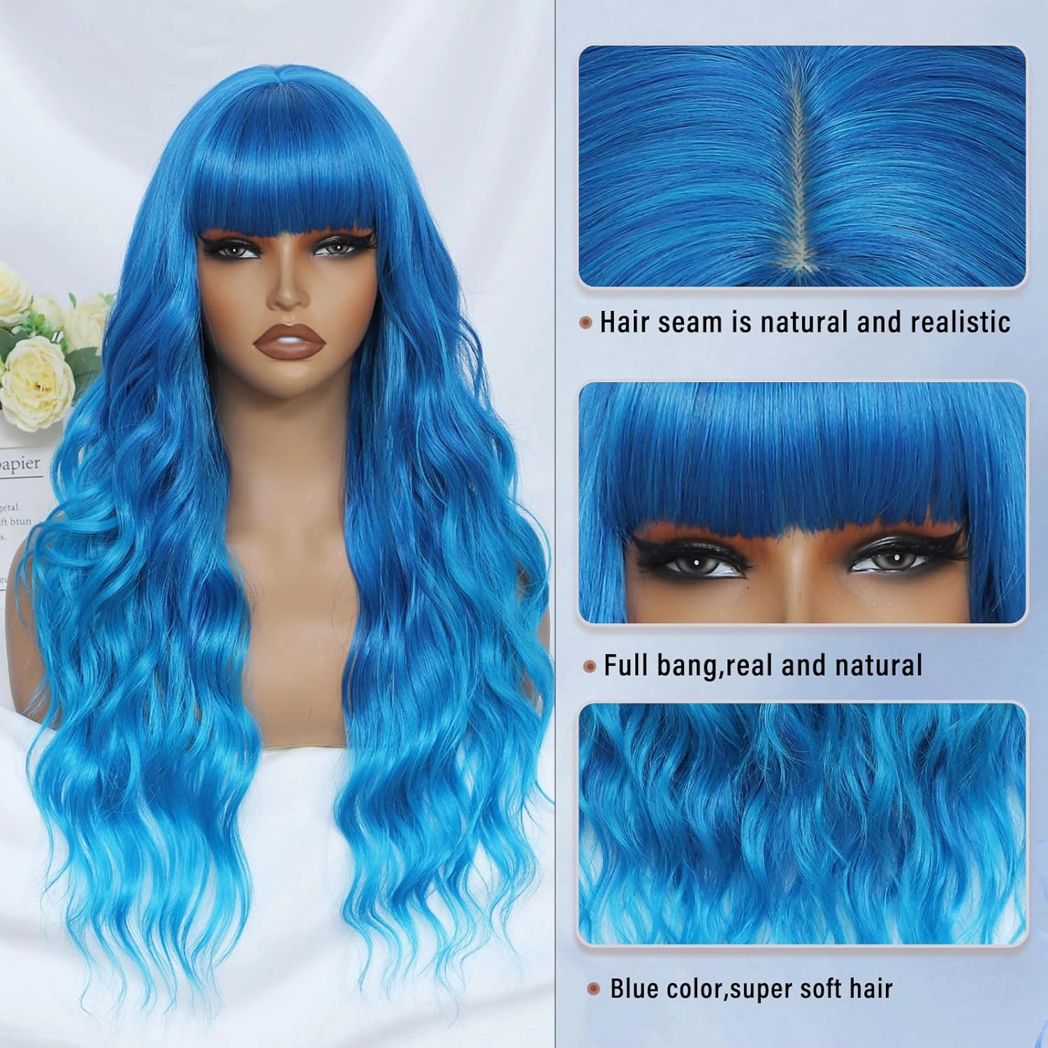 Blue Wig with Bangs for Women Long Ombre Blue Wavy Wigs 26 Inch Blue Wigs Natural Looking Heat Resistant Synthetic Wig for Daily Party Use
