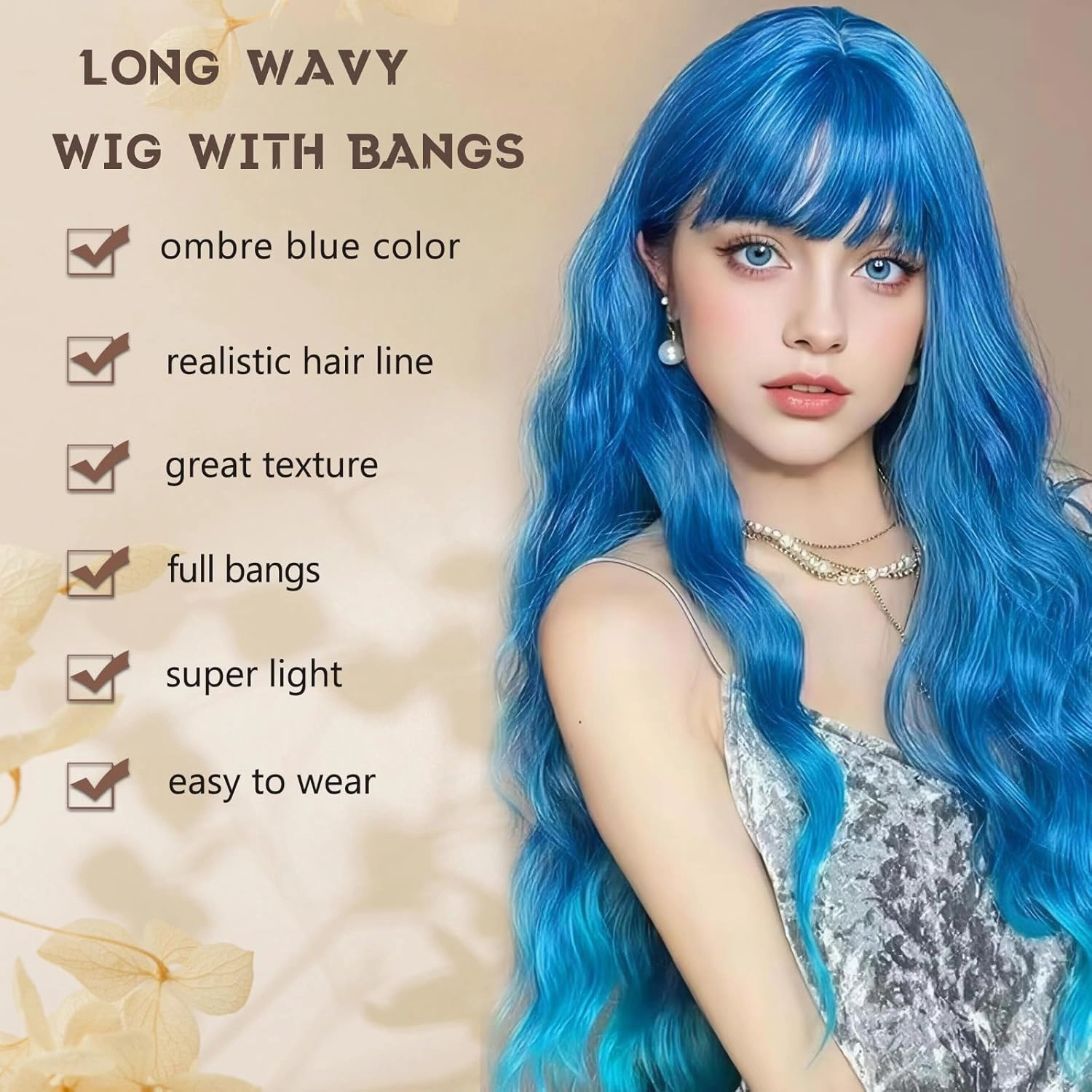 Blue Wig with Bangs for Women Long Ombre Blue Wavy Wigs 26 Inch Blue Wigs Natural Looking Heat Resistant Synthetic Wig for Daily Party Use