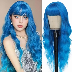 Blue Wig with Bangs for Women Long Ombre Blue Wavy Wigs 26 Inch Blue Wigs Natural Looking Heat Resistant Synthetic Wig for Daily Party Use