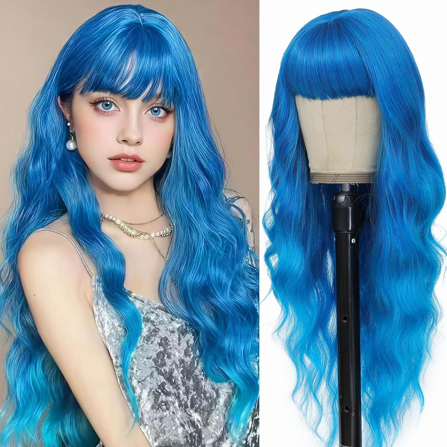 Blue Wig with Bangs for Women Long Ombre Blue Wavy Wigs 26 Inch Blue Wigs Natural Looking Heat Resistant Synthetic Wig for Daily Party Use