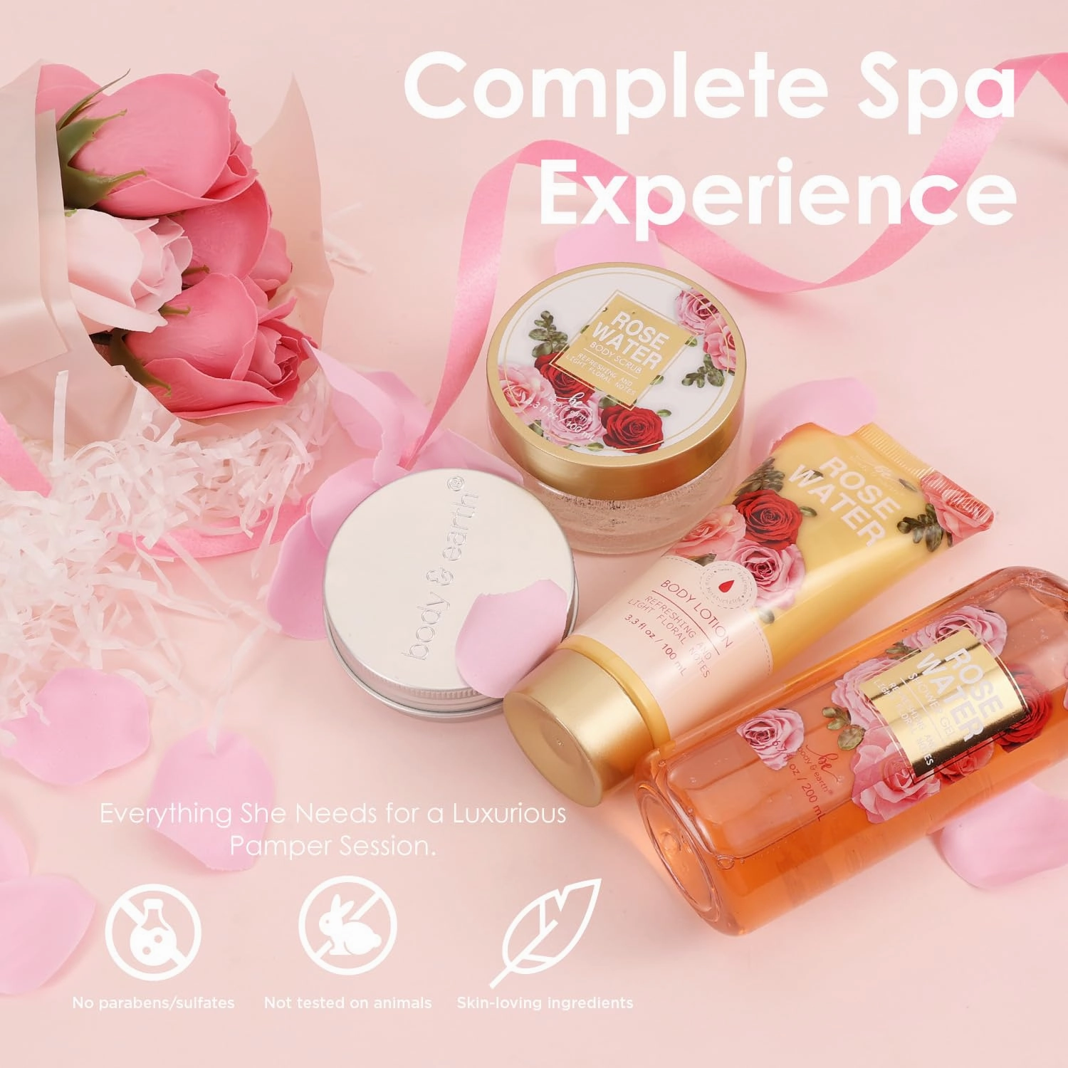 Body & Earth Spa Baskets for Women - 5 Piece Rose Scented Bath Sets with Shower Gel, Body Scrub, Body Lotion, Hand Soap, Mothers Day Gifts for Mom