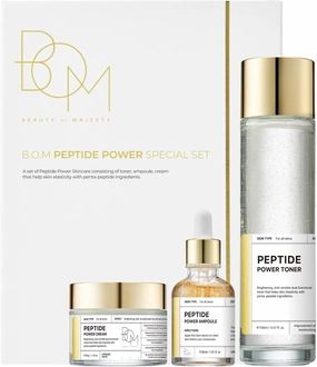 BOM Cosmetics A Set of Peptide Power Skincare with 3 Kinds of Items (Toner, Ampoule, Cream), 24K Gold & Pentapeptide for Skin Collagen Boost, Smoothness and Long-Lasting Moisture, Korean Skincare