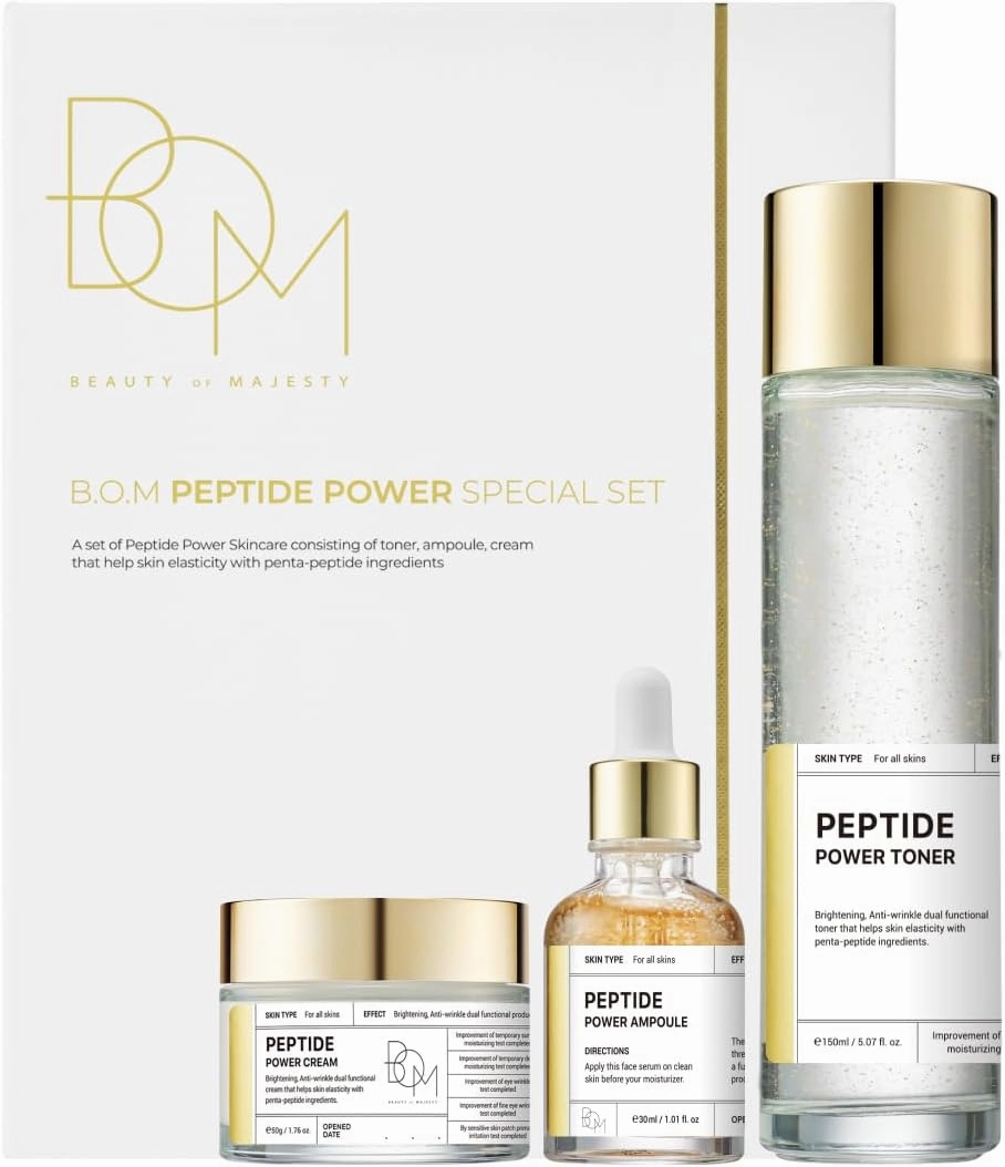 BOM Cosmetics A Set of Peptide Power Skincare with 3 Kinds of Items (Toner, Ampoule, Cream), 24K Gold & Pentapeptide for Skin Collagen Boost, Smoothness and Long-Lasting Moisture, Korean Skincare