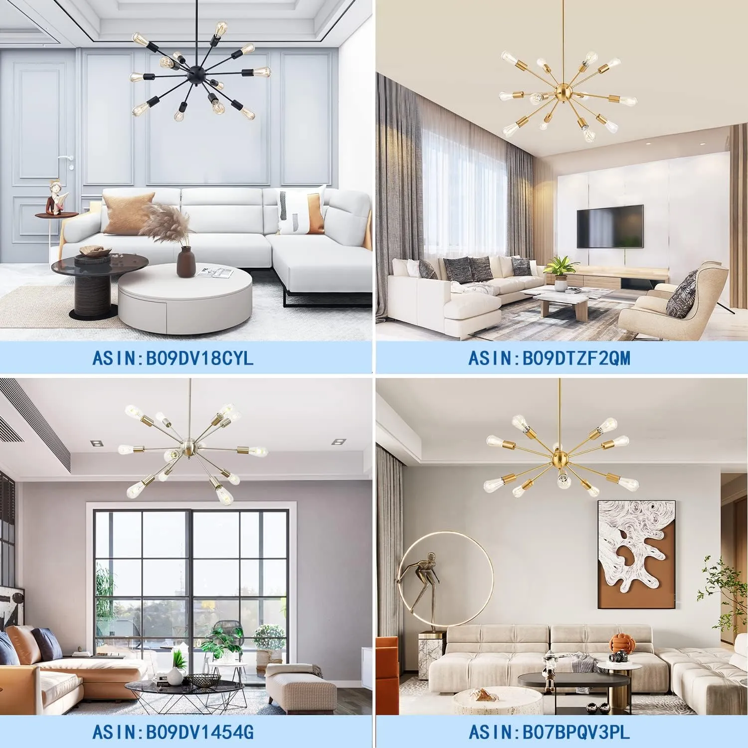 BONLICHT Contemporary 12 Light Brushed Brass Sputnik Chandelier Mid Century Modern Sputnik Kitchen Island Dining Room Pendant Lighting Gold Ceiling Hanging Light Fixture for Living Room Bedroom Bar