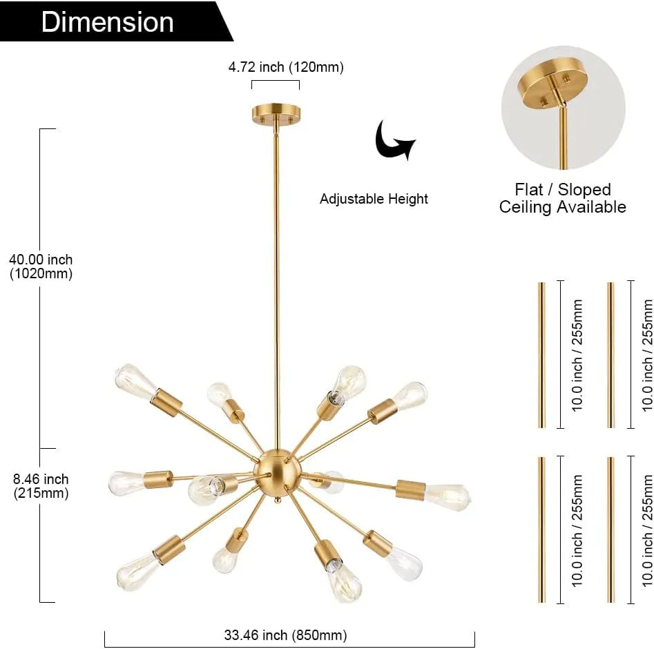 BONLICHT Contemporary 12 Light Brushed Brass Sputnik Chandelier Mid Century Modern Sputnik Kitchen Island Dining Room Pendant Lighting Gold Ceiling Hanging Light Fixture for Living Room Bedroom Bar