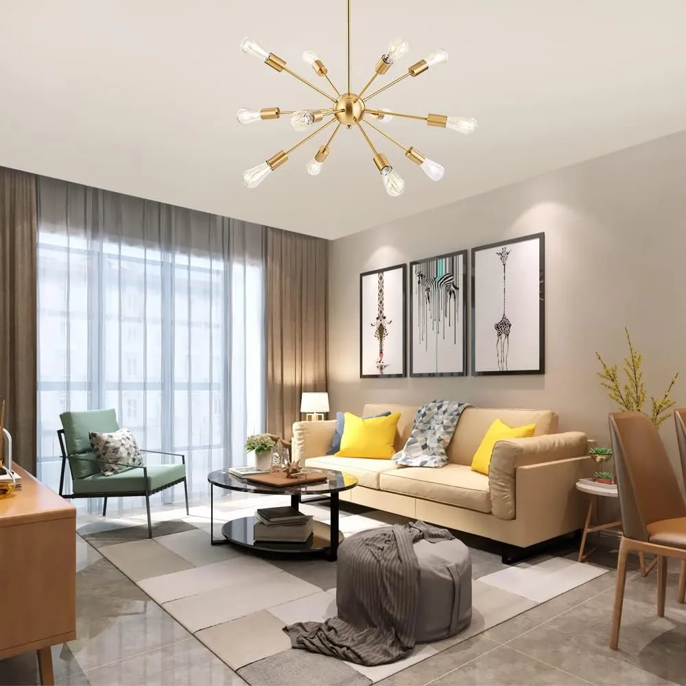 BONLICHT Contemporary 12 Light Brushed Brass Sputnik Chandelier Mid Century Modern Sputnik Kitchen Island Dining Room Pendant Lighting Gold Ceiling Hanging Light Fixture for Living Room Bedroom Bar