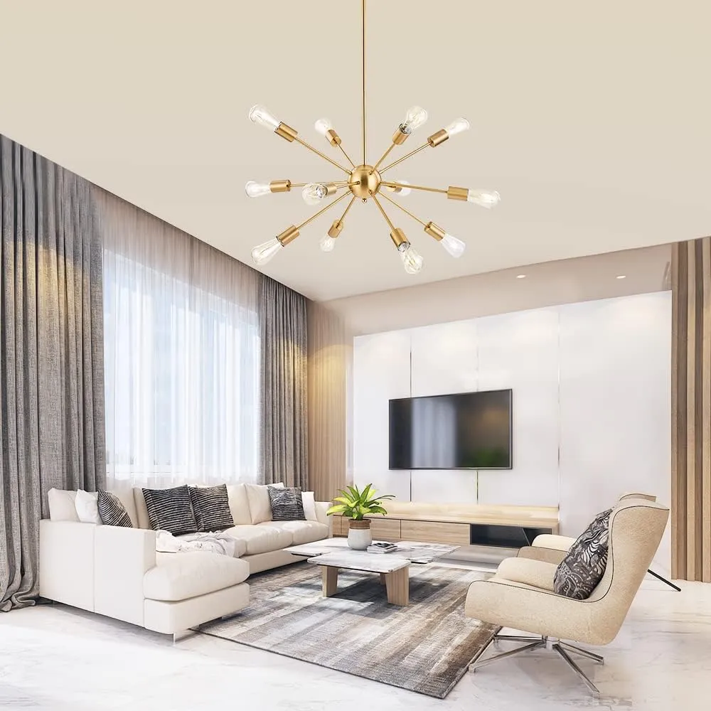 BONLICHT Contemporary 12 Light Brushed Brass Sputnik Chandelier Mid Century Modern Sputnik Kitchen Island Dining Room Pendant Lighting Gold Ceiling Hanging Light Fixture for Living Room Bedroom Bar
