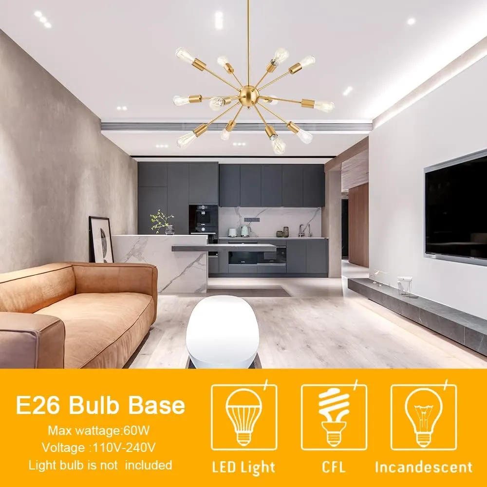 BONLICHT Contemporary 12 Light Brushed Brass Sputnik Chandelier Mid Century Modern Sputnik Kitchen Island Dining Room Pendant Lighting Gold Ceiling Hanging Light Fixture for Living Room Bedroom Bar
