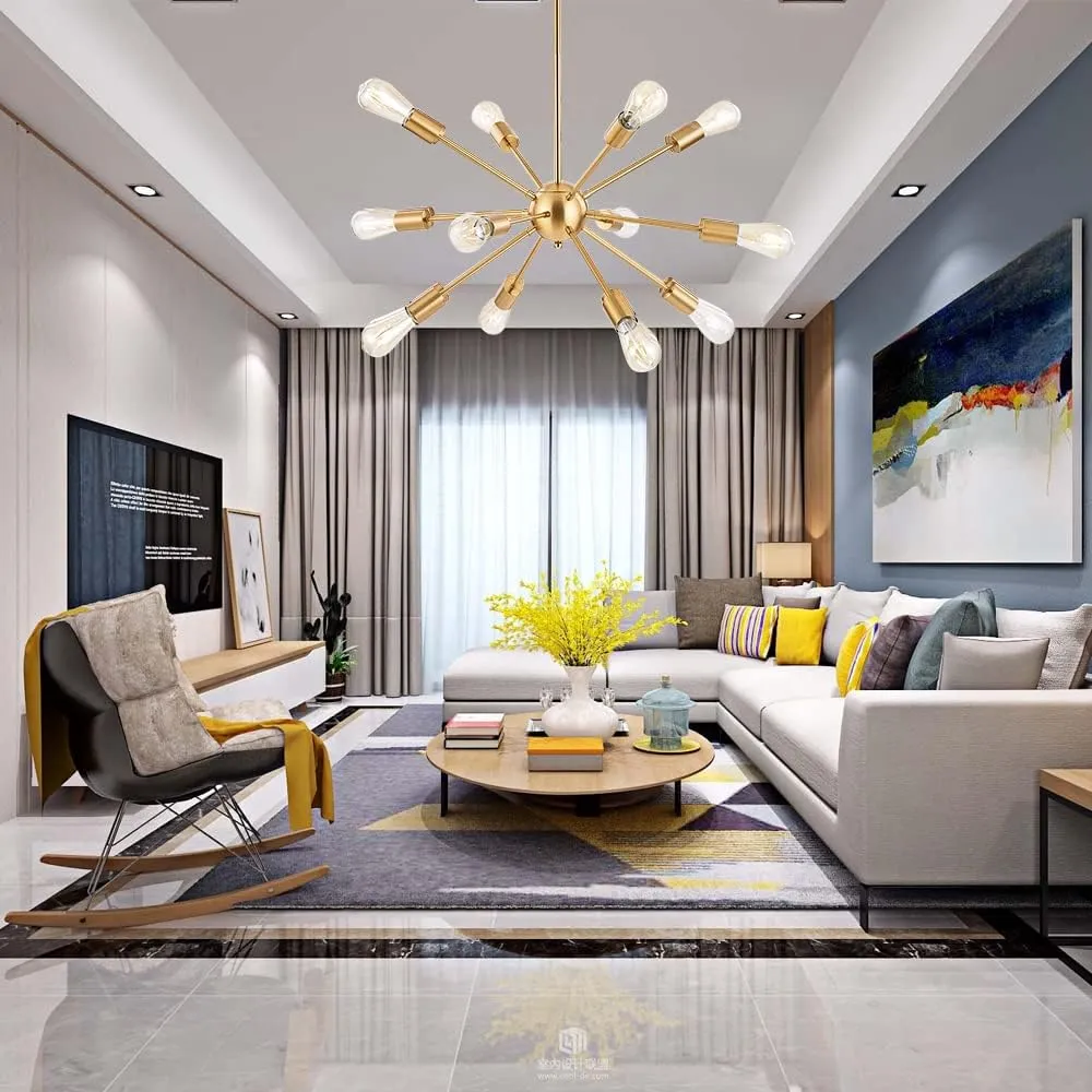 BONLICHT Contemporary 12 Light Brushed Brass Sputnik Chandelier Mid Century Modern Sputnik Kitchen Island Dining Room Pendant Lighting Gold Ceiling Hanging Light Fixture for Living Room Bedroom Bar