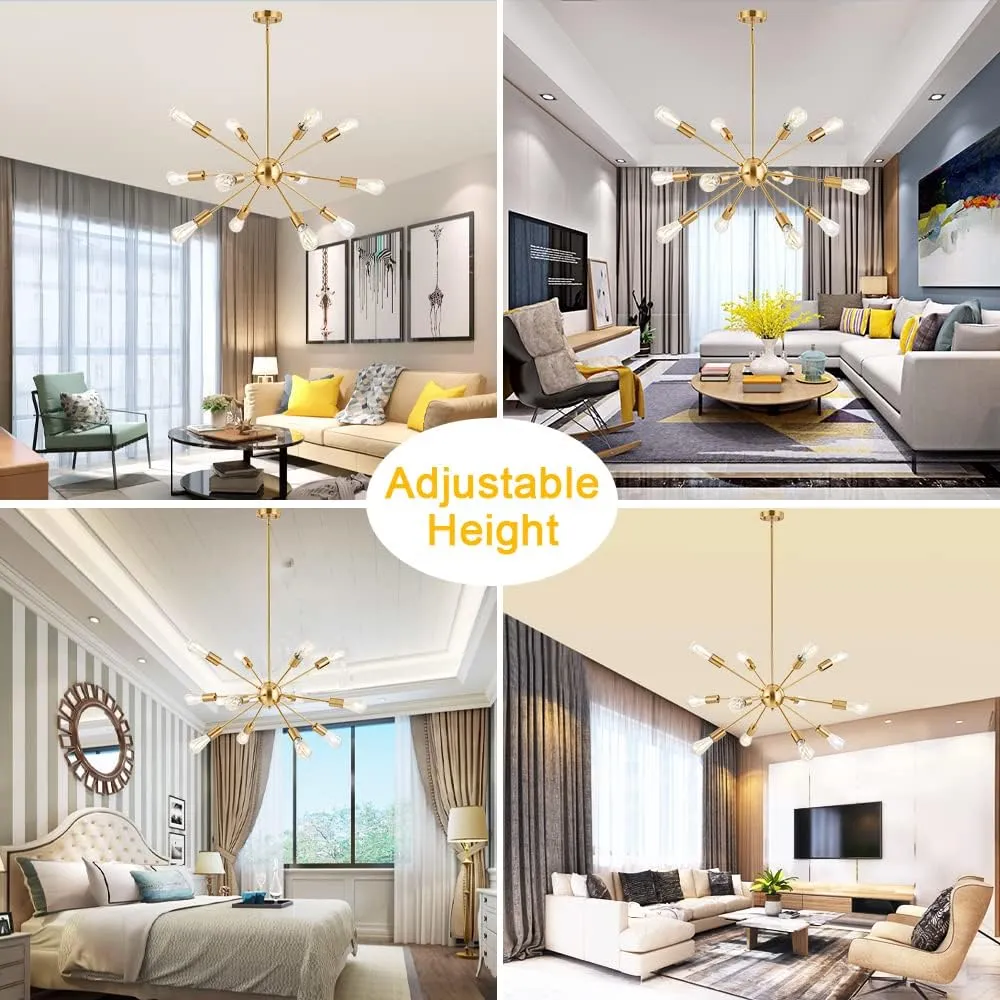 BONLICHT Contemporary 12 Light Brushed Brass Sputnik Chandelier Mid Century Modern Sputnik Kitchen Island Dining Room Pendant Lighting Gold Ceiling Hanging Light Fixture for Living Room Bedroom Bar