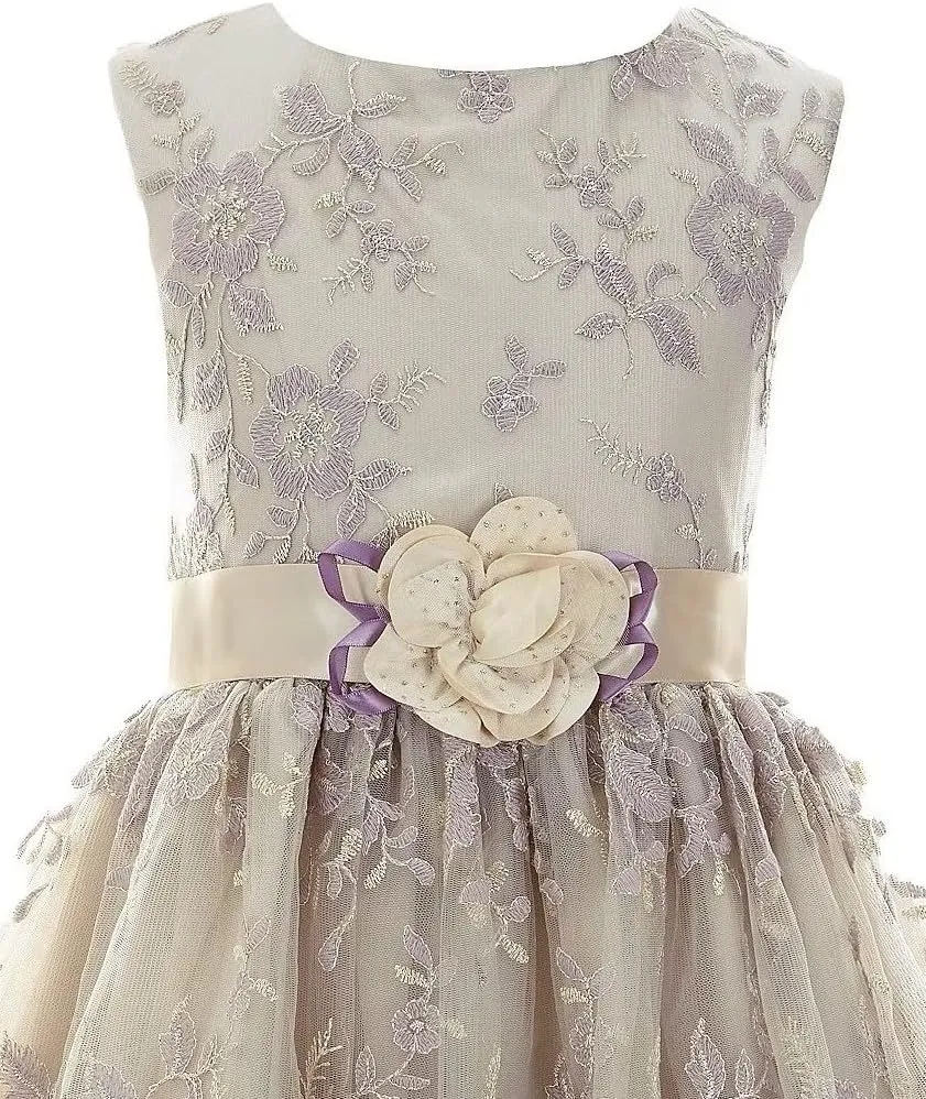 Bonnie Jean Girls 3M-16 Embroidered Lace Flower Waist Special Occasion Dress