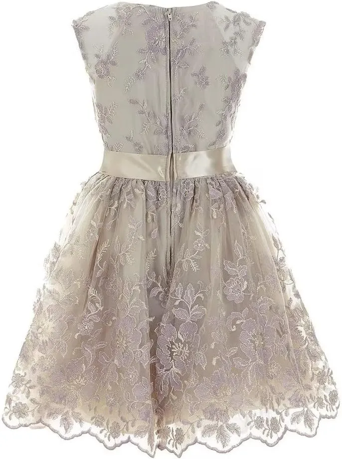 Bonnie Jean Girls 3M-16 Embroidered Lace Flower Waist Special Occasion Dress