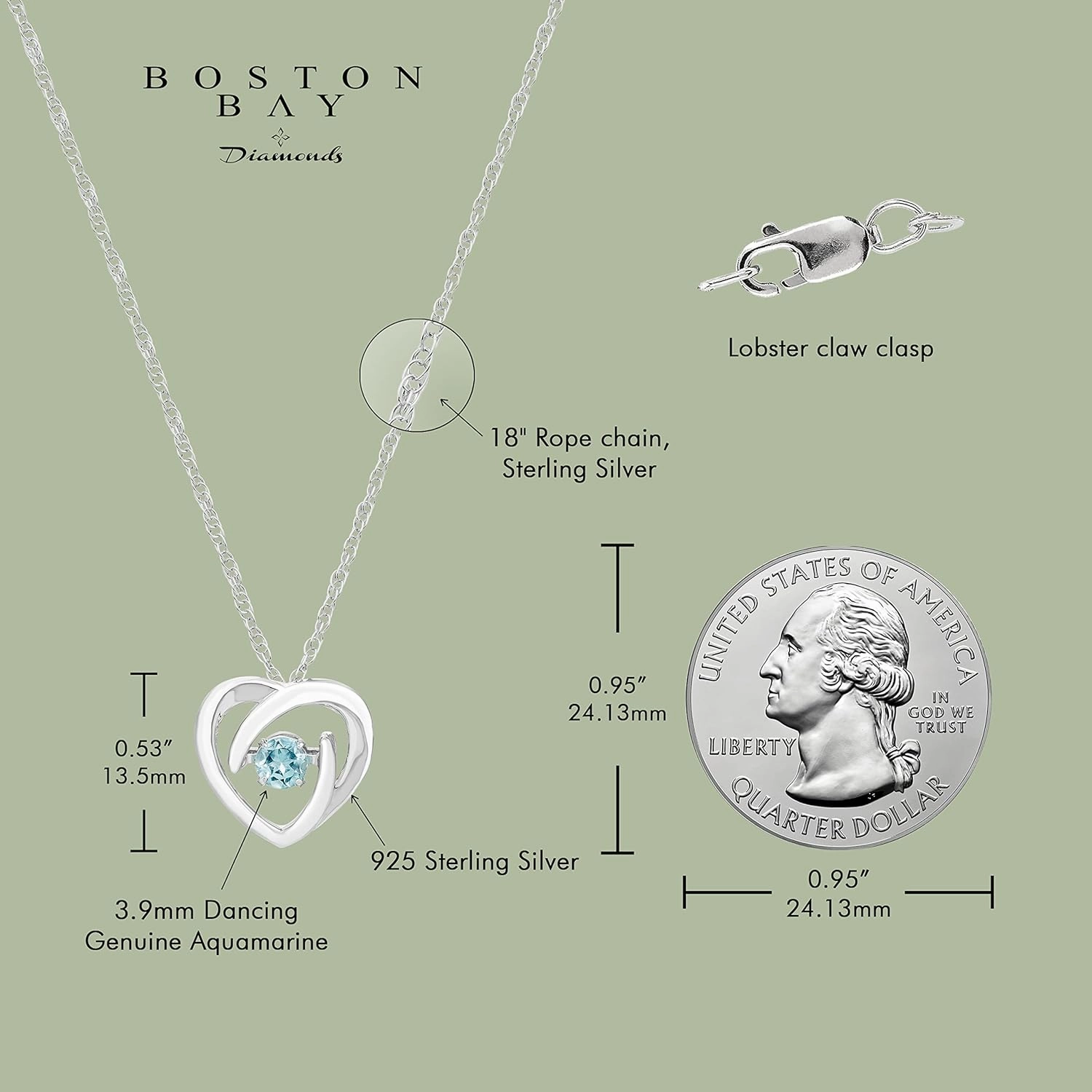Boston Bay Diamonds 14K Gold or Rhodium Plated 925 Sterling Silver Dancing 3.5mm Birthstone Gemstone Heart Pendant with 18" Rope Chain