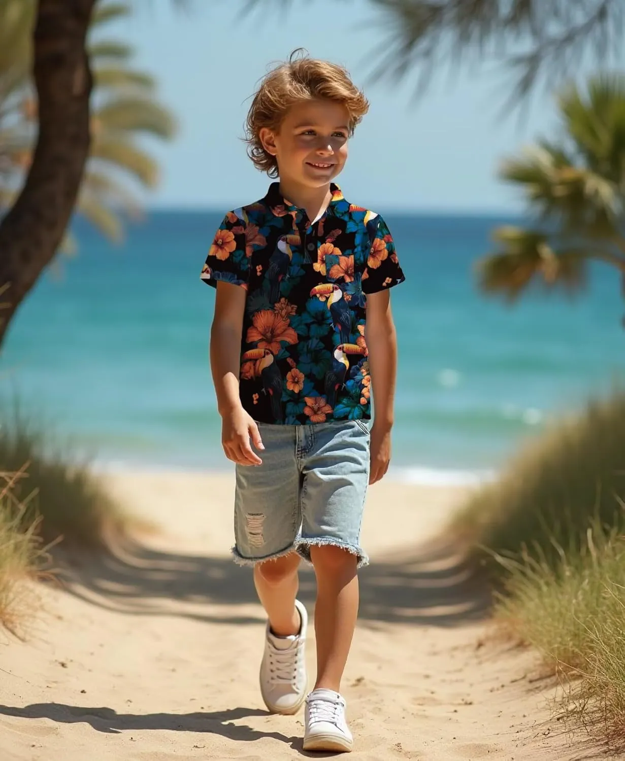 Boys Hawaiian Shirt Polo Tropical Kid Aloha Golf Uniform Short Sleeve Printed Tee Summer Beach Vacation Graphic Top
