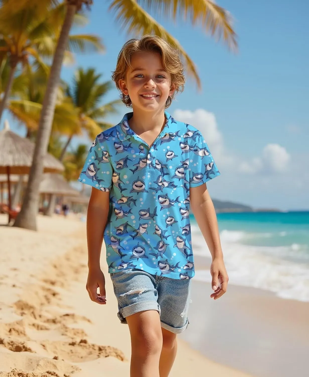 Boys Hawaiian Shirt Polo Tropical Kid Aloha Golf Uniform Short Sleeve Printed Tee Summer Beach Vacation Graphic Top
