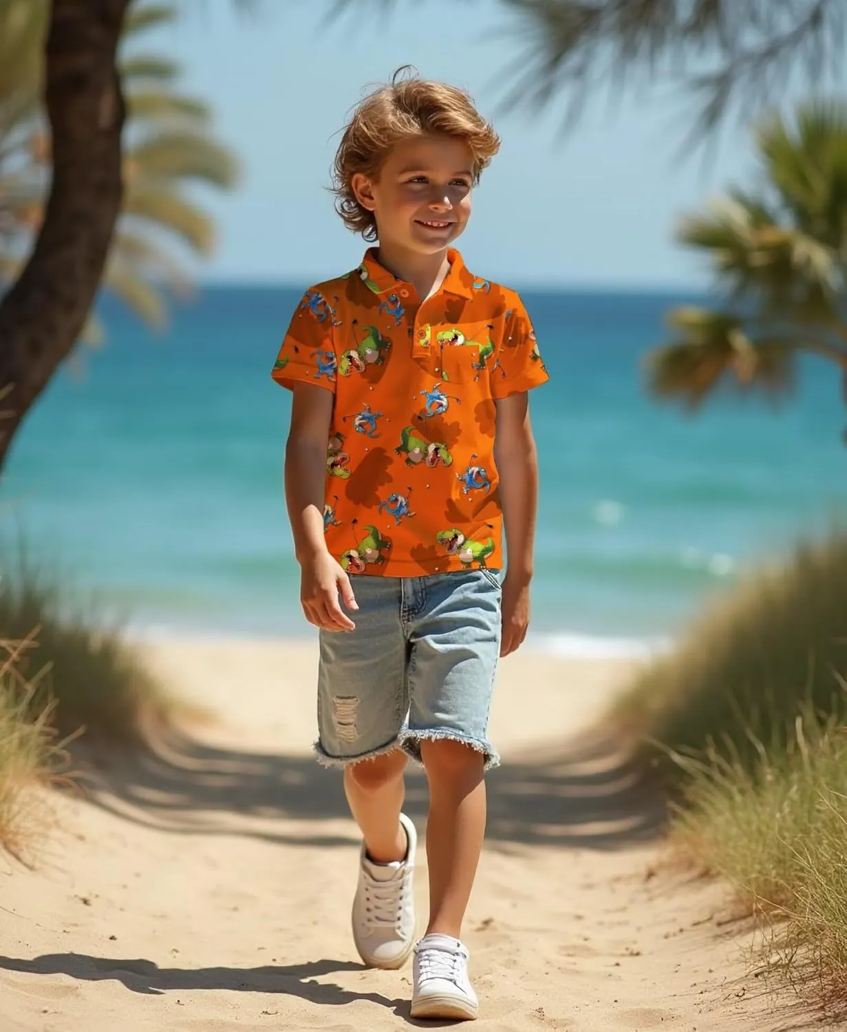 Boys Hawaiian Shirt Polo Tropical Kid Aloha Golf Uniform Short Sleeve Printed Tee Summer Beach Vacation Graphic Top