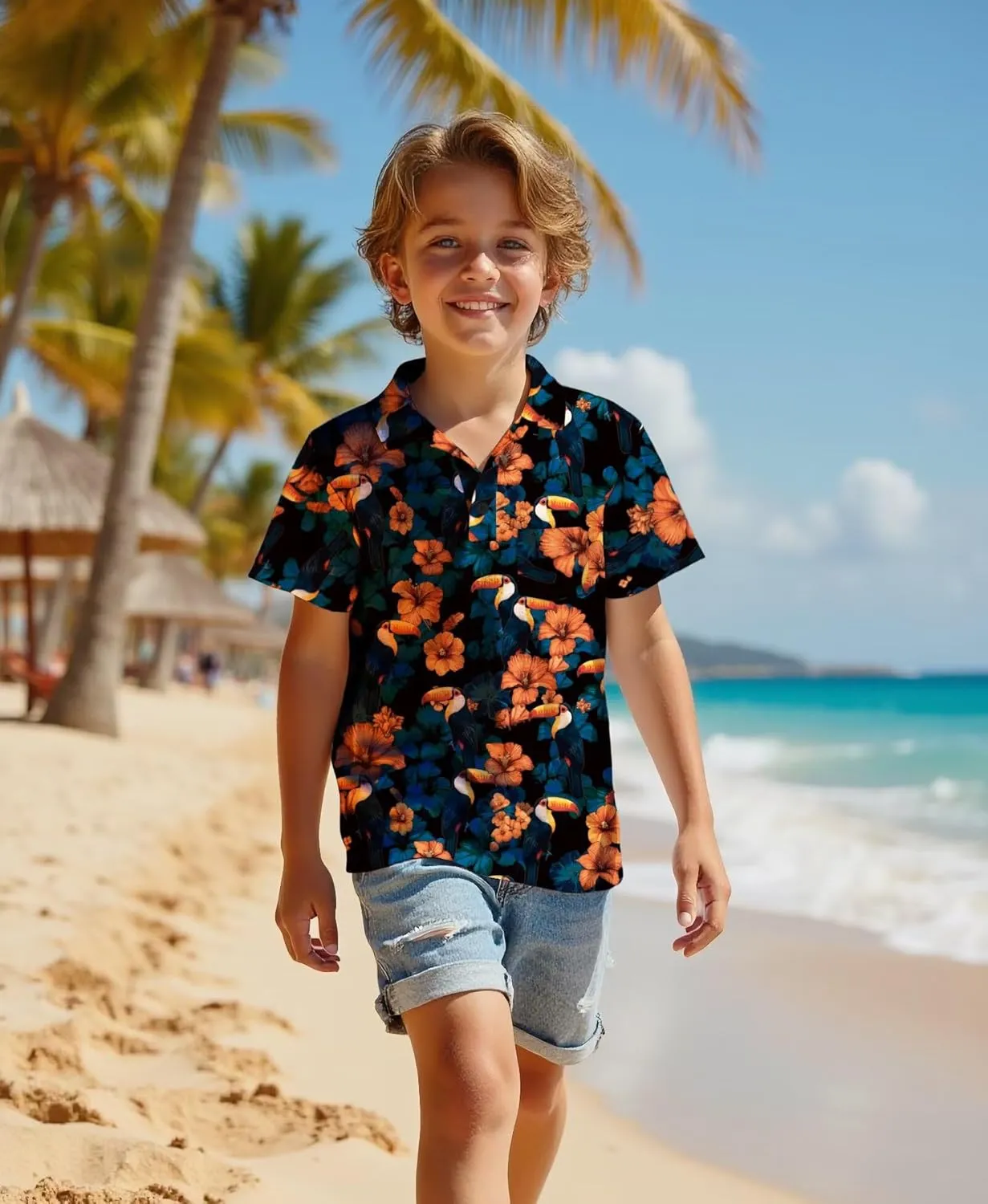 Boys Hawaiian Shirt Polo Tropical Kid Aloha Golf Uniform Short Sleeve Printed Tee Summer Beach Vacation Graphic Top