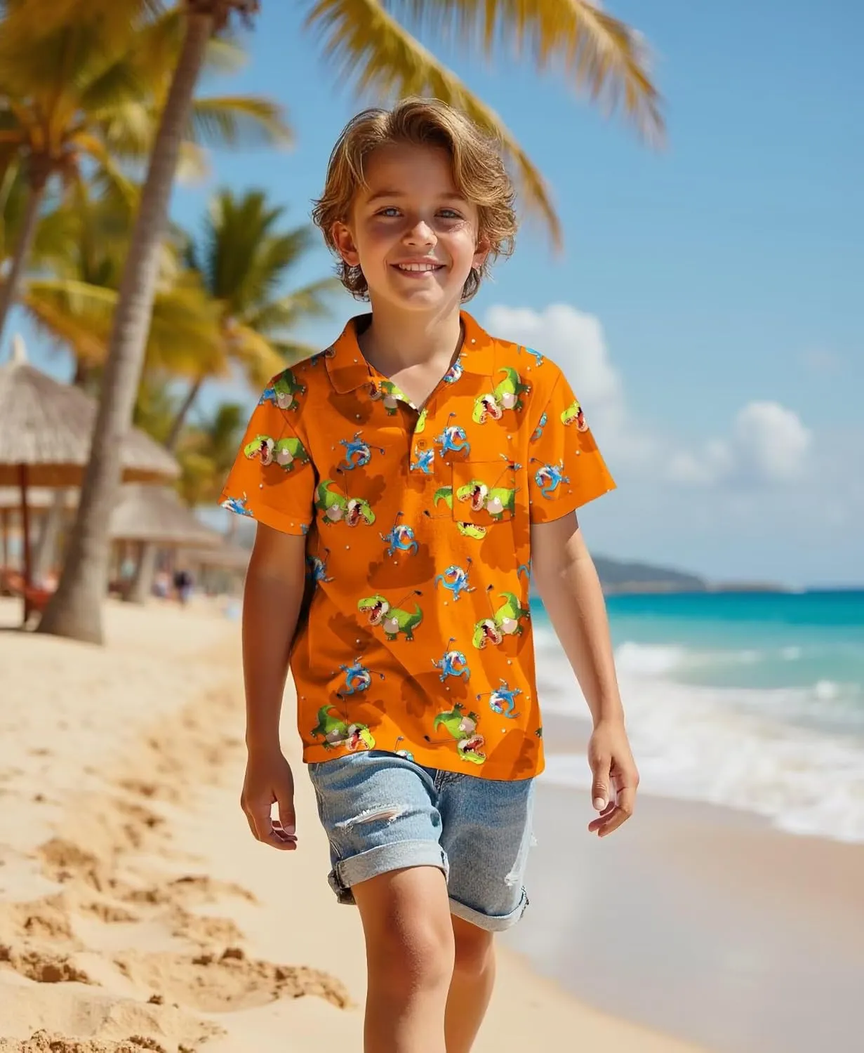 Boys Hawaiian Shirt Polo Tropical Kid Aloha Golf Uniform Short Sleeve Printed Tee Summer Beach Vacation Graphic Top