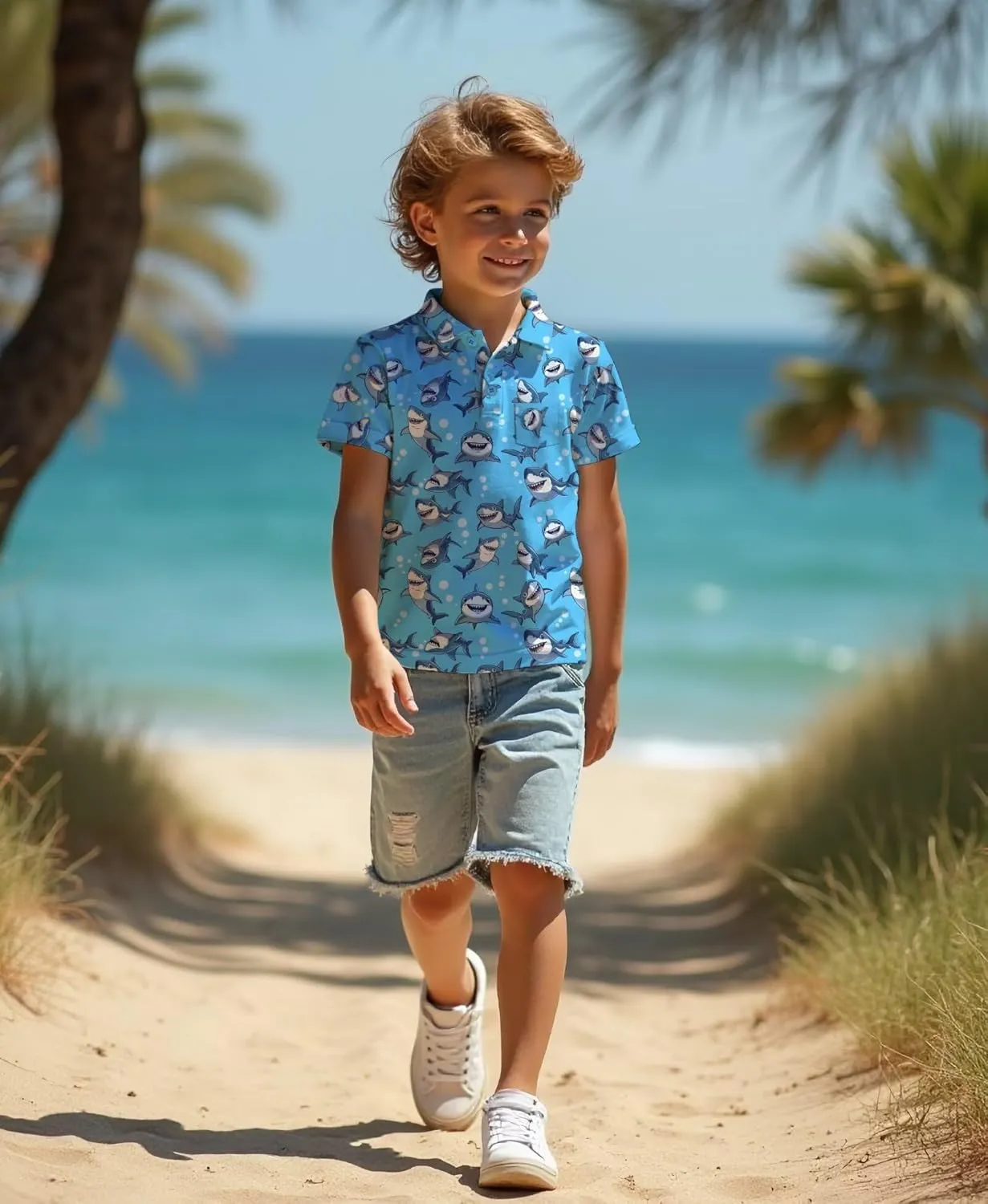 Boys Hawaiian Shirt Polo Tropical Kid Aloha Golf Uniform Short Sleeve Printed Tee Summer Beach Vacation Graphic Top