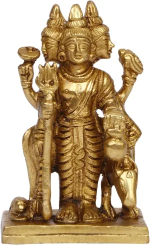 Brass Idol Trimurti Brahma Vishnu Mahesh Idol Dattatreya Statue with Auspicious Cow Gold Color Height 4.3 Inch, Golden