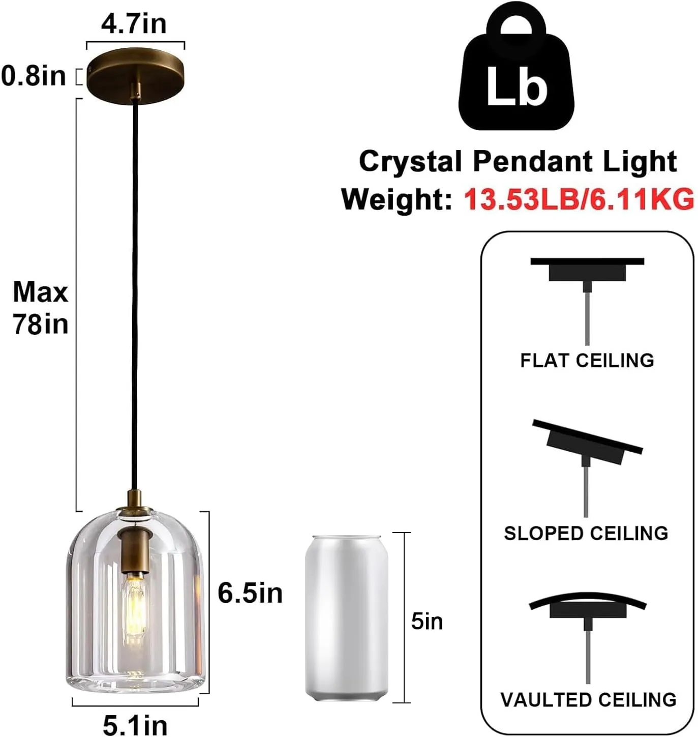 Brass Pendant Light Fixtures, Crystal Modern Pendant Lights, Indoor Pendant Light for Kitchen Island Dining Room Living Room Bedroom Bathroom, E12 Bulb Included