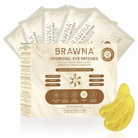 BRAWNA 24K Gold Hydrogel Under Eye Mask Patch with Vitamin C, Caffeine, Callogen, Peptides, Hyaluronic Acid - for Dark Circles, Puffy Eyes, Undereye Bags, Wrinkles - 24 Pairs