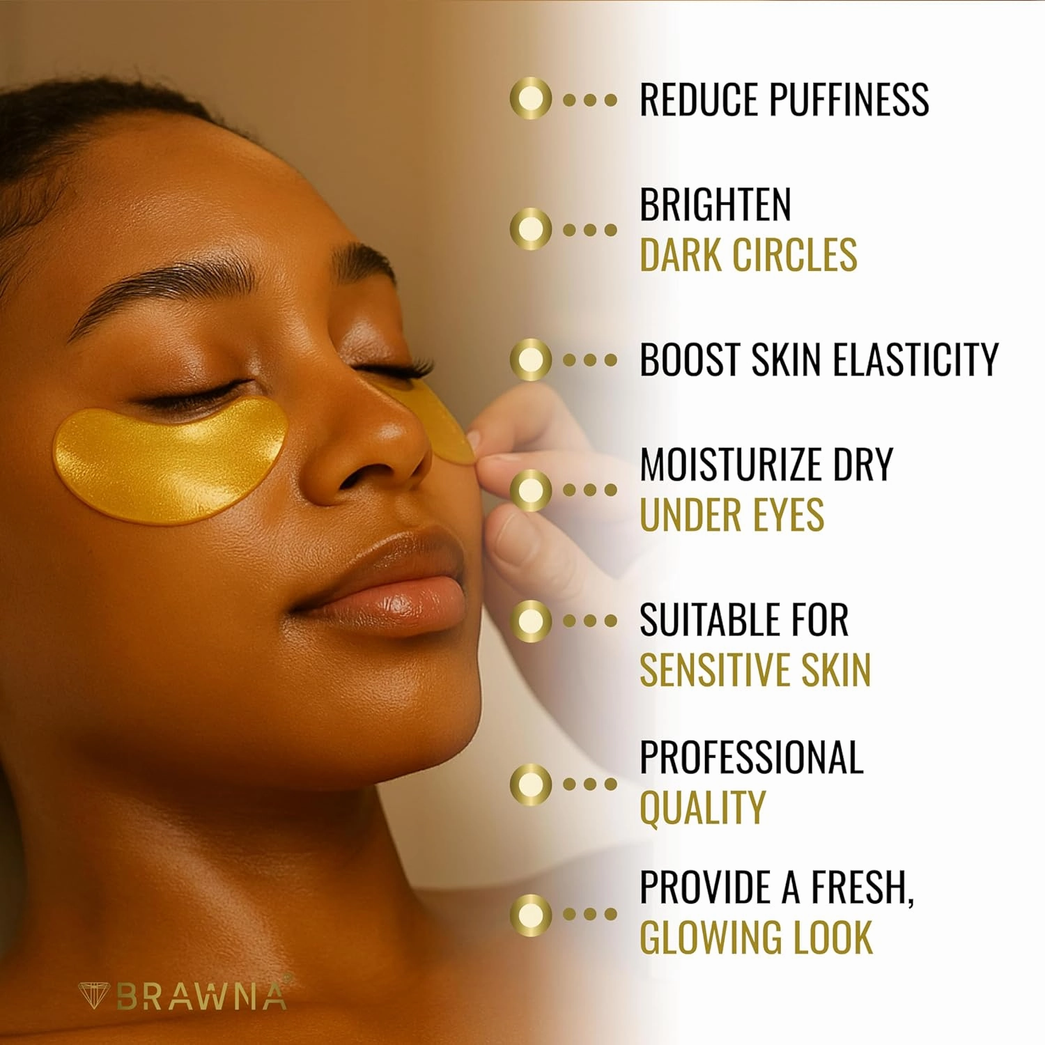 BRAWNA 24K Gold Hydrogel Under Eye Mask Patch with Vitamin C, Caffeine, Callogen, Peptides, Hyaluronic Acid - for Dark Circles, Puffy Eyes, Undereye Bags, Wrinkles - 24 Pairs