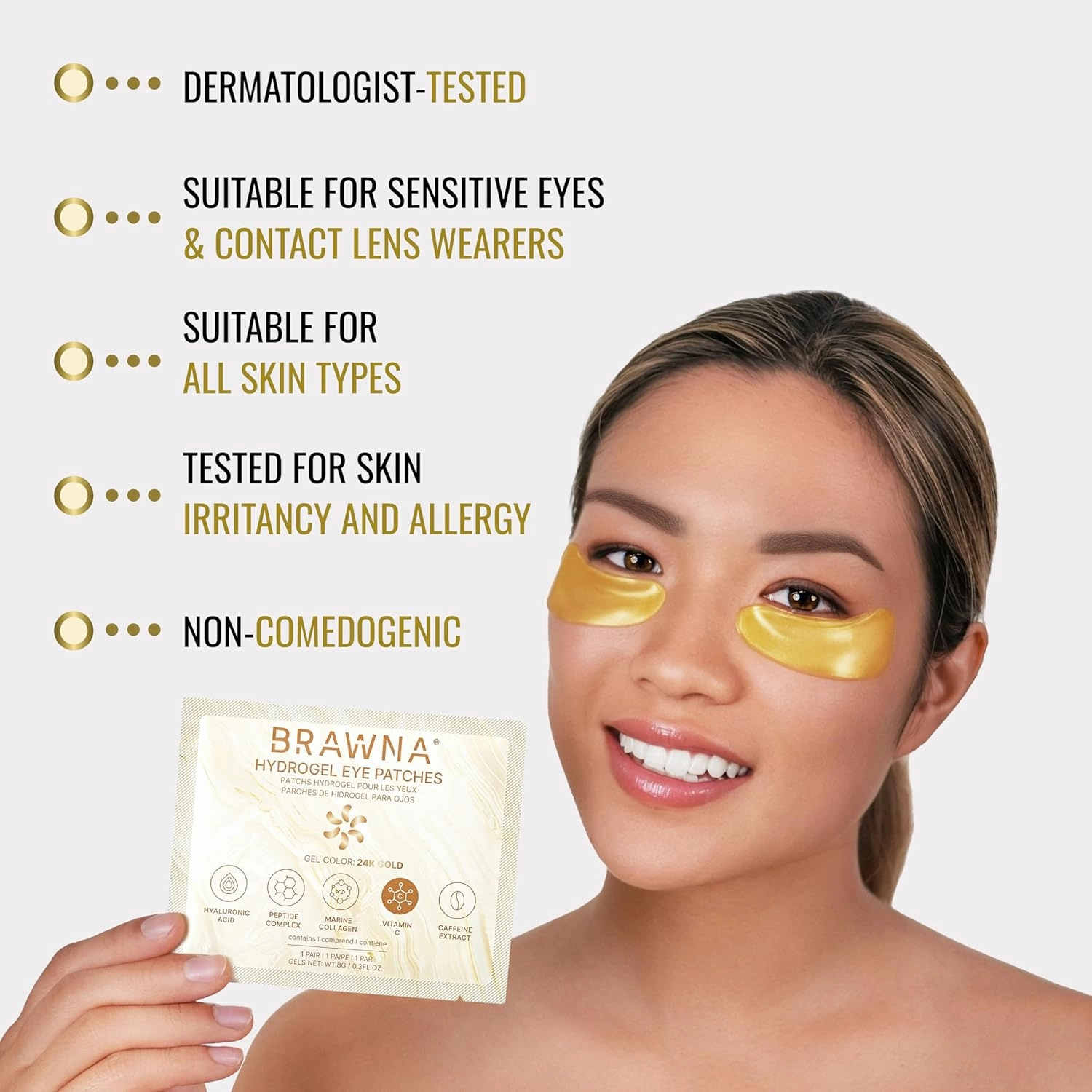 BRAWNA 24K Gold Hydrogel Under Eye Mask Patch with Vitamin C, Caffeine, Callogen, Peptides, Hyaluronic Acid - for Dark Circles, Puffy Eyes, Undereye Bags, Wrinkles - 24 Pairs