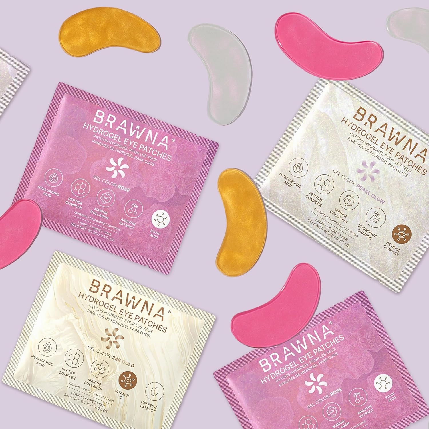 BRAWNA 24K Gold Hydrogel Under Eye Mask Patch with Vitamin C, Caffeine, Callogen, Peptides, Hyaluronic Acid - for Dark Circles, Puffy Eyes, Undereye Bags, Wrinkles - 24 Pairs