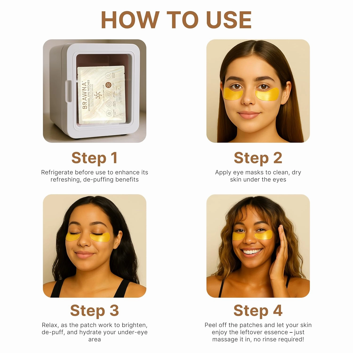 BRAWNA 24K Gold Hydrogel Under Eye Mask Patch with Vitamin C, Caffeine, Callogen, Peptides, Hyaluronic Acid - for Dark Circles, Puffy Eyes, Undereye Bags, Wrinkles - 24 Pairs