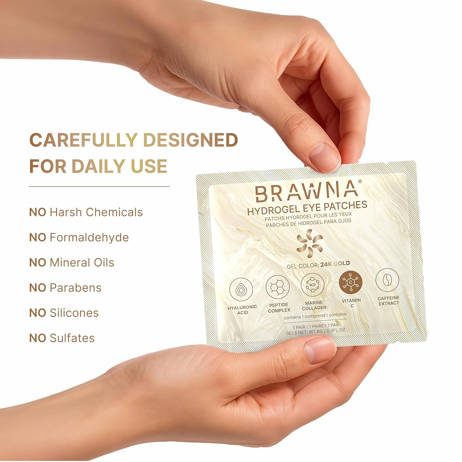 BRAWNA 24K Gold Hydrogel Under Eye Mask Patch with Vitamin C, Caffeine, Callogen, Peptides, Hyaluronic Acid - for Dark Circles, Puffy Eyes, Undereye Bags, Wrinkles - 24 Pairs