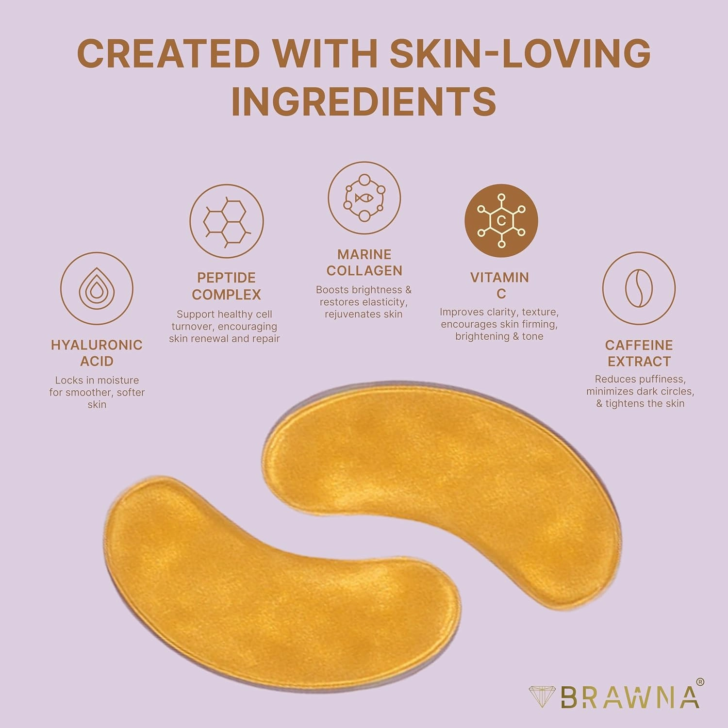 BRAWNA 24K Gold Hydrogel Under Eye Mask Patch with Vitamin C, Caffeine, Callogen, Peptides, Hyaluronic Acid - for Dark Circles, Puffy Eyes, Undereye Bags, Wrinkles - 24 Pairs