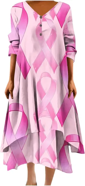 Breast Cancer Dress Women Funny Plus Size Casual Loose 3/4 Sleeve Button Down V Neck Midi Dress Elegant Swing Dress