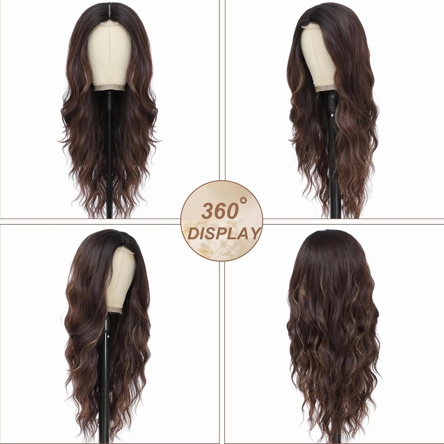 Brown Mix Blonde Wig for Women, Long Brown Highlights Wavy Wig Middle Part 26 Inch Brown Wigs Natural Looking Heat Resistant Synthetic Wig for Daily Party Use