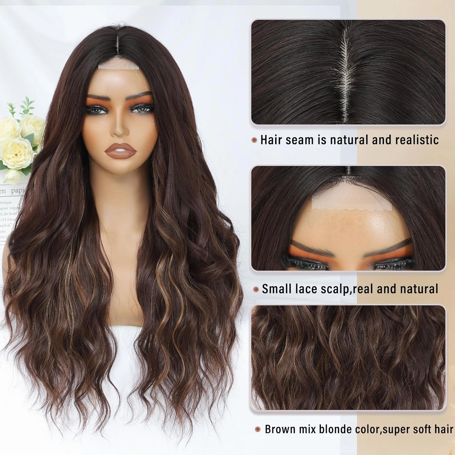 Brown Mix Blonde Wig for Women, Long Brown Highlights Wavy Wig Middle Part 26 Inch Brown Wigs Natural Looking Heat Resistant Synthetic Wig for Daily Party Use