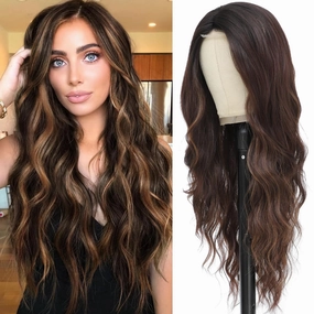 Brown Mix Blonde Wig for Women, Long Brown Highlights Wavy Wig Middle Part 26 Inch Brown Wigs Natural Looking Heat Resistant Synthetic Wig for Daily Party Use