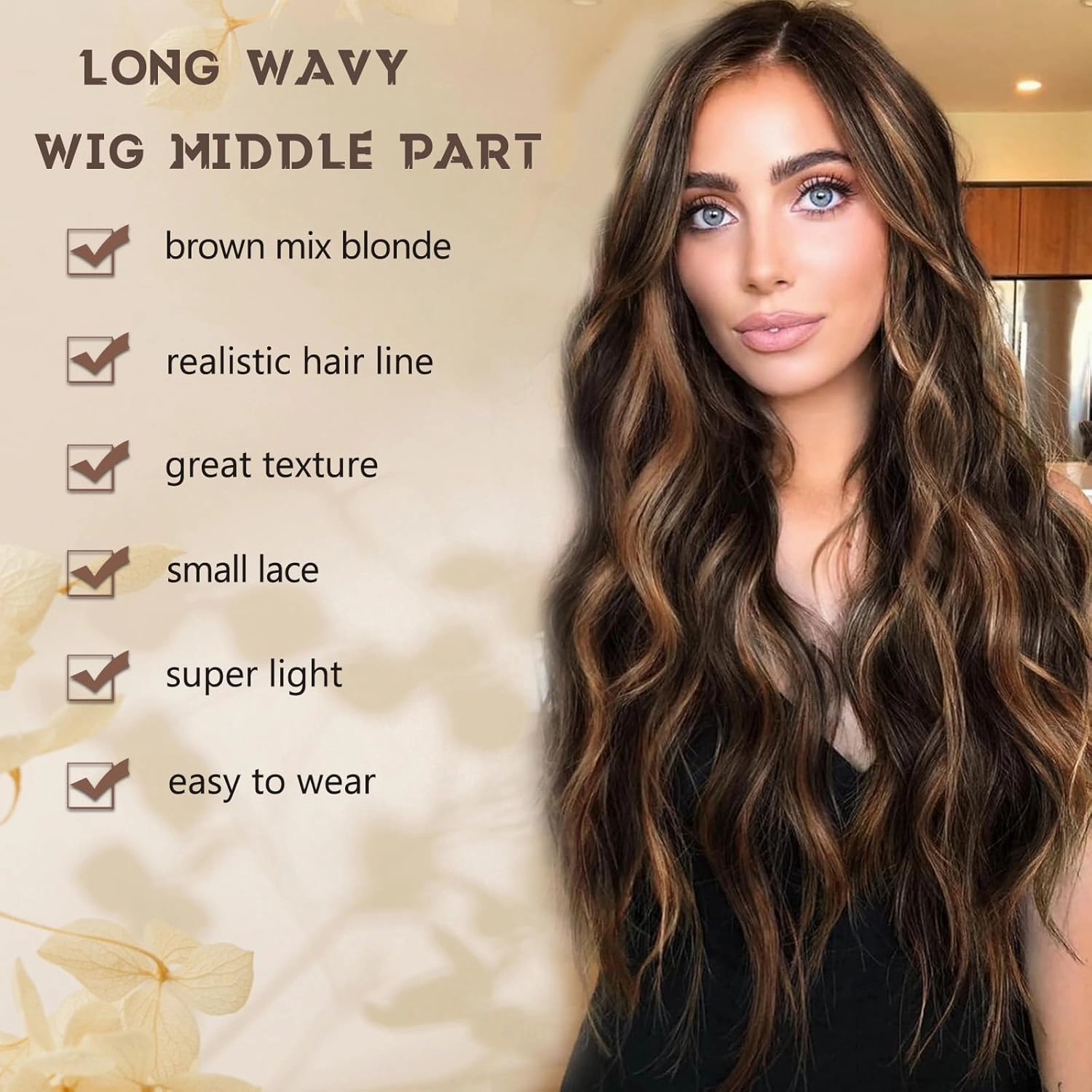 Brown Mix Blonde Wig for Women, Long Brown Highlights Wavy Wig Middle Part 26 Inch Brown Wigs Natural Looking Heat Resistant Synthetic Wig for Daily Party Use