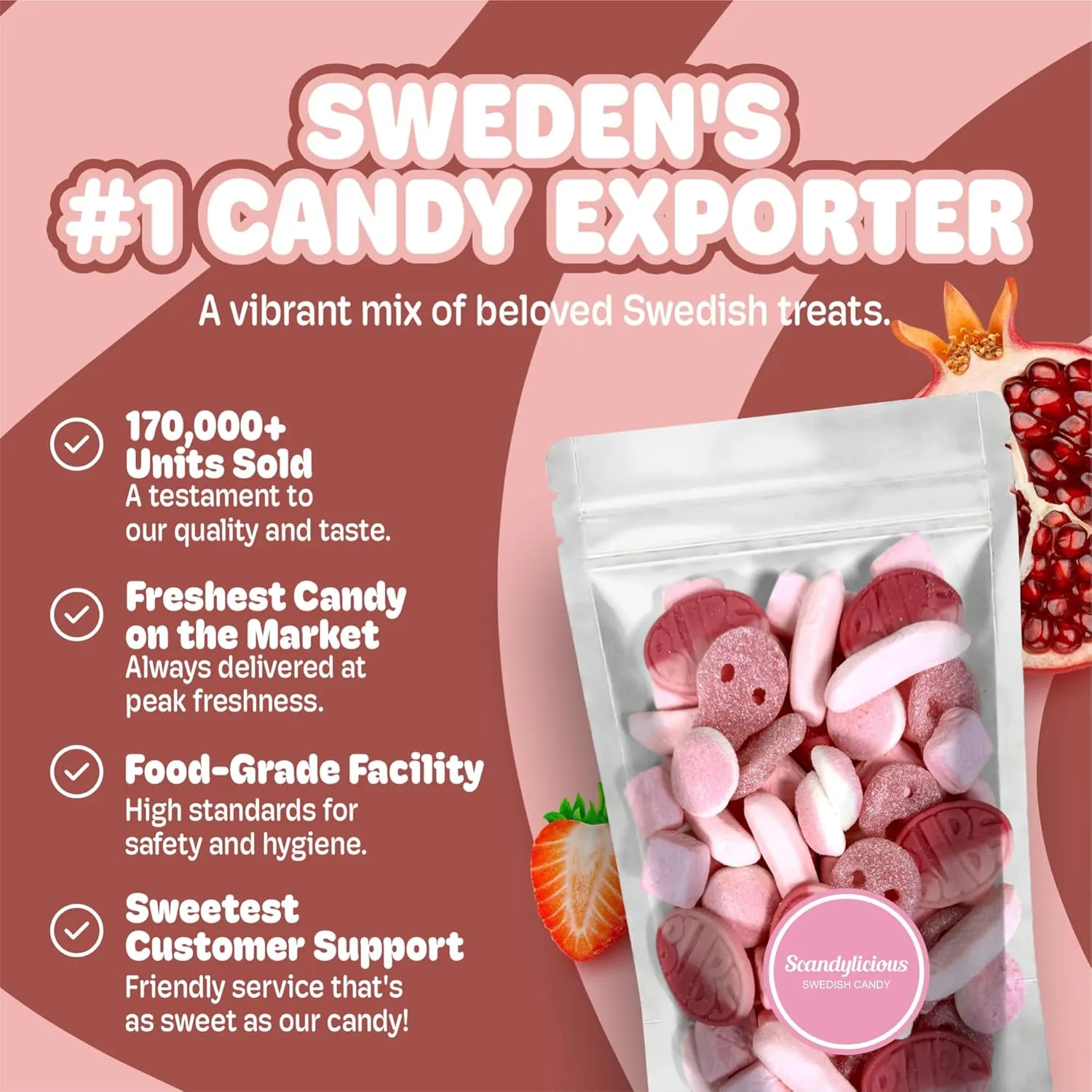 BUBS Swedish Candy Pink Mix – Assorted Soft & Fizzy Pink Gummies – Includes Wild Strawberry/Pomegranate & Fan-Favorite Flavors (1 LB)
