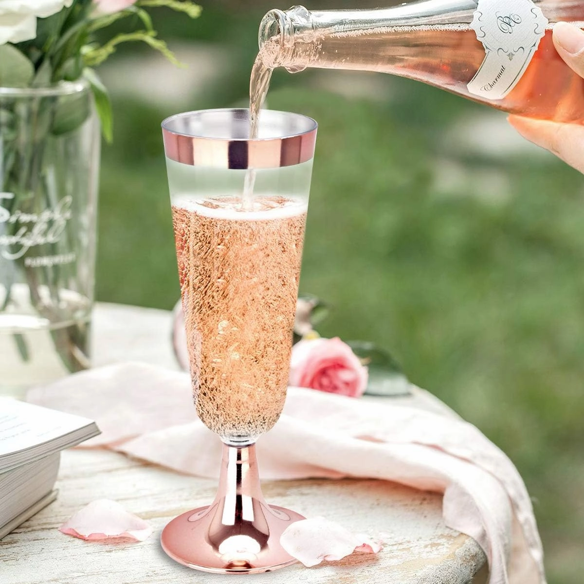 BUCALA 100 Pack Plastic Champagne Flutes - 5OZ Plastic Champagne Glasses With Rose Gold Rim - Premium Quality Disposable Cups - Ideal for Mother's Day/Parties/Weddings