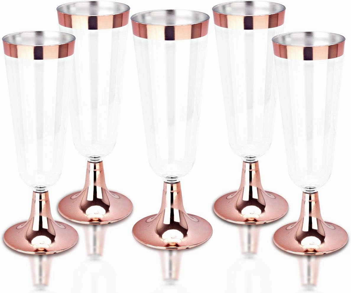 BUCALA 100 Pack Plastic Champagne Flutes - 5OZ Plastic Champagne Glasses With Rose Gold Rim - Premium Quality Disposable Cups - Ideal for Mother's Day/Parties/Weddings