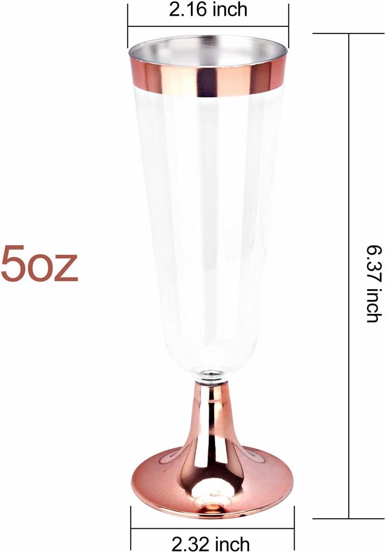 BUCALA 100 Pack Plastic Champagne Flutes - 5OZ Plastic Champagne Glasses With Rose Gold Rim - Premium Quality Disposable Cups - Ideal for Mother's Day/Parties/Weddings