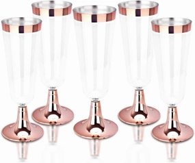 BUCALA 100 Pack Plastic Champagne Flutes - 5OZ Plastic Champagne Glasses With Rose Gold Rim - Premium Quality Disposable Cups - Ideal for Mother's Day/Parties/Weddings