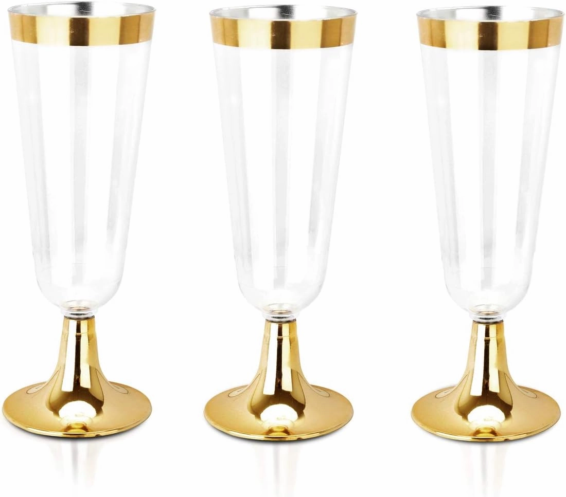bUCLA 100 Pack Gold Plastic Champagne Flutes - 5OZ Plastic Champagne Glasses With Gold Rim - Premium Quality Gold Disposable Cups-Ideal for Thanksgiving Party, Weddings