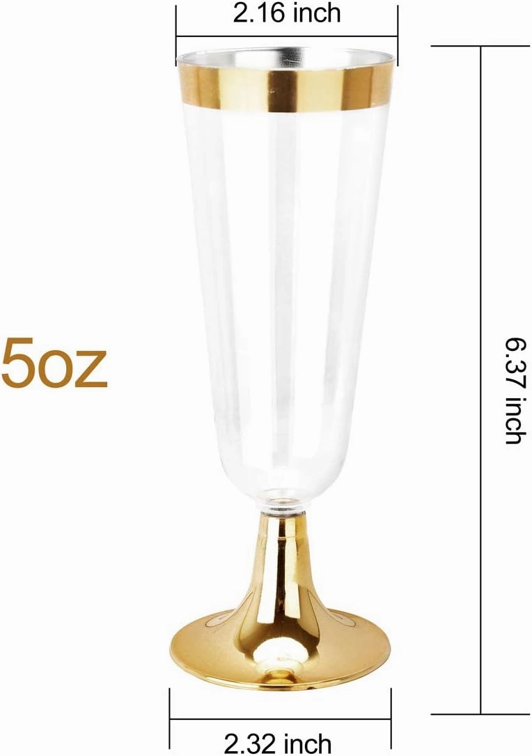 bUCLA 100 Pack Gold Plastic Champagne Flutes - 5OZ Plastic Champagne Glasses With Gold Rim - Premium Quality Gold Disposable Cups-Ideal for Thanksgiving Party, Weddings