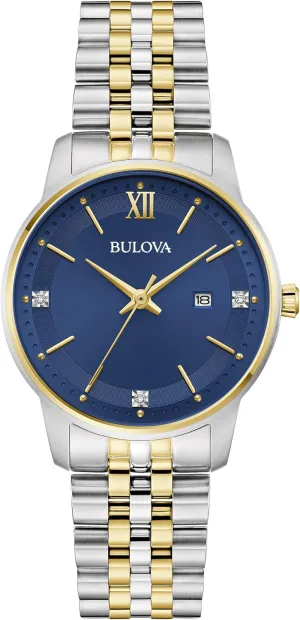 Bulova Ladies Classic 3-Hand Diamond Quartz Two Tone Stainless Steel Watch, Blue Dial Style:98P233
