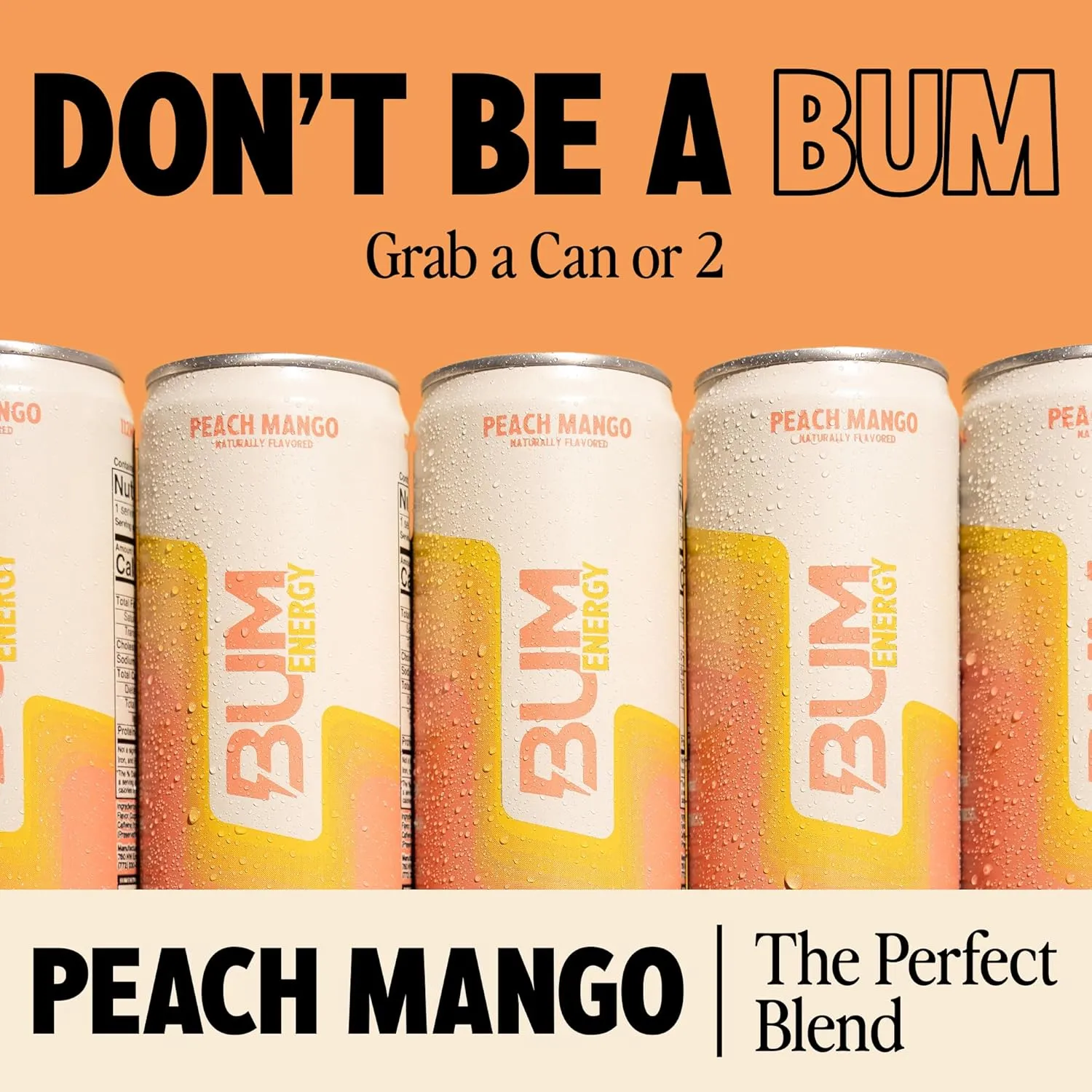 BUM Sugar-Free Energy Drink, Peach Mango - Lightly Carbonated & No Artificial Colors, Natural Caffeine & Citicoline for Energy & Focus, Brain Boost & Workout Sports Beverage - 12 oz, Pack of 12
