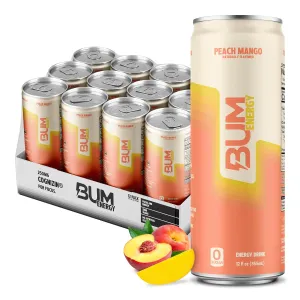 BUM Sugar-Free Energy Drink, Peach Mango - Lightly Carbonated & No Artificial Colors, Natural Caffeine & Citicoline for Energy & Focus, Brain Boost & Workout Sports Beverage - 12 oz, Pack of 12