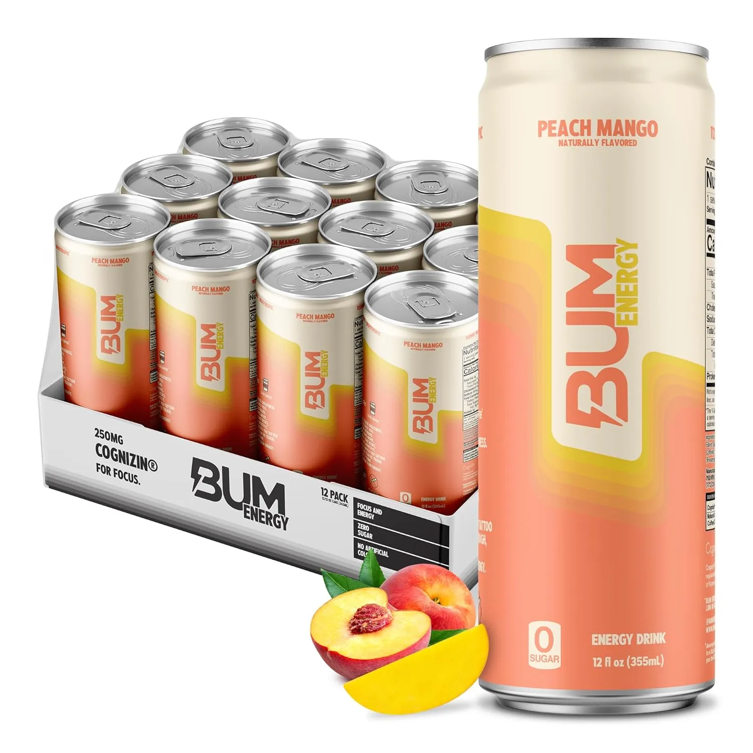 BUM Sugar-Free Energy Drink, Peach Mango - Lightly Carbonated & No Artificial Colors, Natural Caffeine & Citicoline for Energy & Focus, Brain Boost & Workout Sports Beverage - 12 oz, Pack of 12