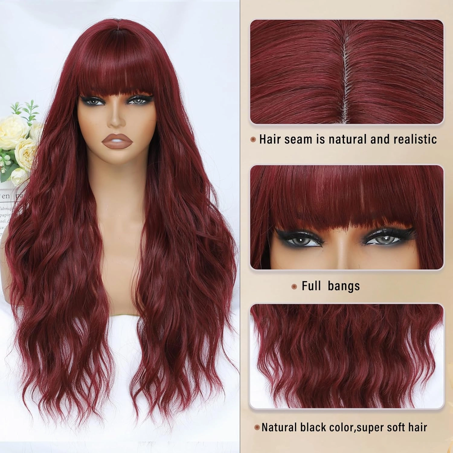 Burgundy Wig with Bangs for Women Long Burgundy Wavy Wigs 26 Inch Dark Red Wigs Natural Looking Heat Resistant Synthetic Wig for Daily Party Use