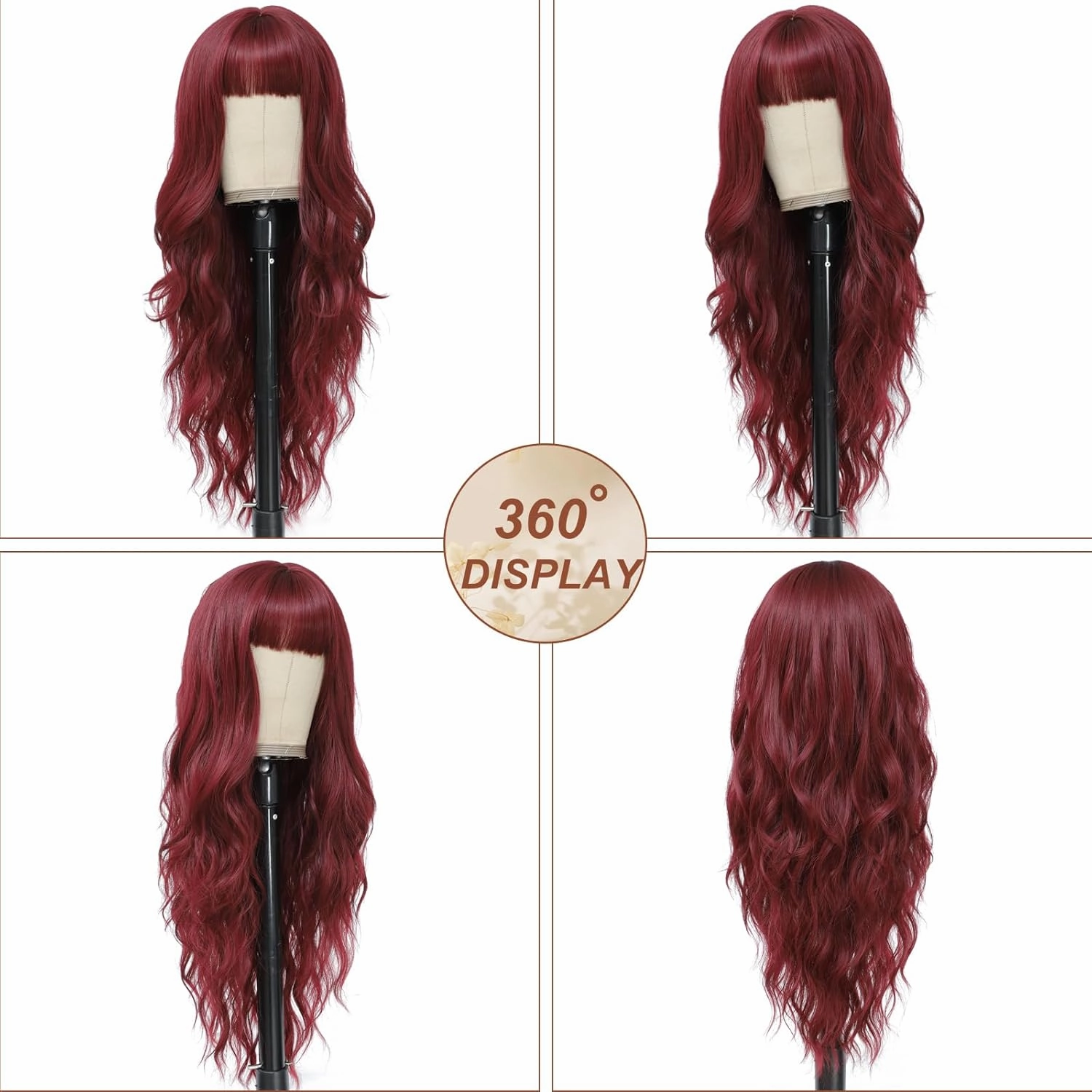 Burgundy Wig with Bangs for Women Long Burgundy Wavy Wigs 26 Inch Dark Red Wigs Natural Looking Heat Resistant Synthetic Wig for Daily Party Use